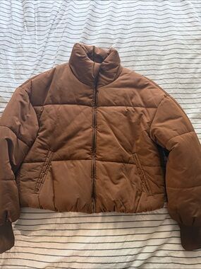 Cropped Brown Puffer Jacket with Stand Collar